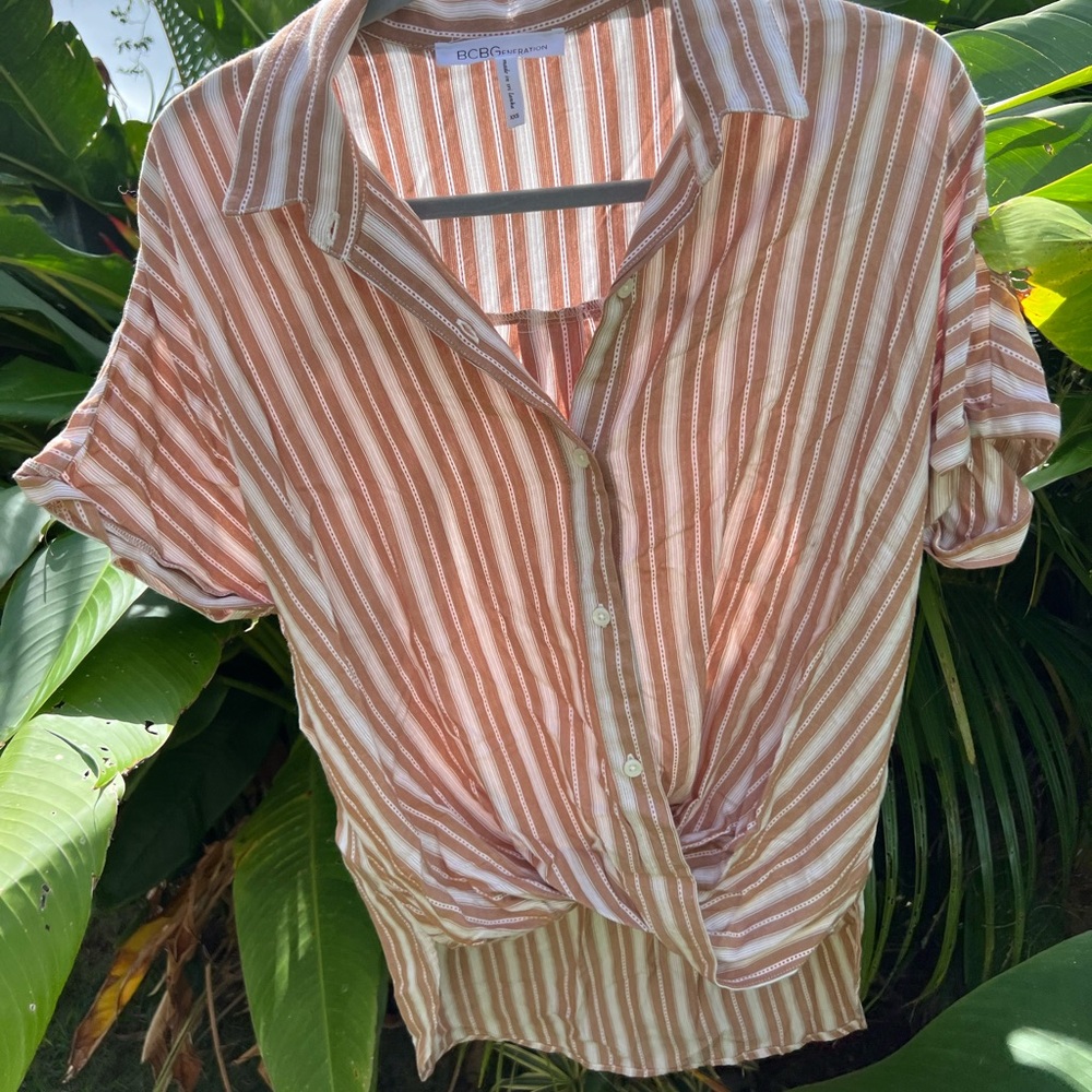 BCBG Women's Striped Tan Blouse